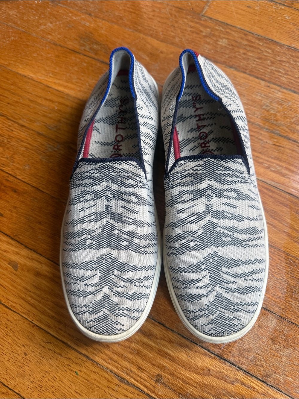 Rothy's Men's Knit Slip-On Loafers in Gray and White with Navy Trim